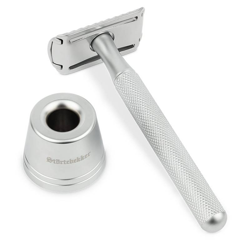 Störtebekker Rasierhobel Set 'Oslo' inkl. Rasierständer in matter Optik und 10 Klingen, Rutschfester Griff. Matt polierte Edelstahl-Optik. Rasier-Set von Störtebekker