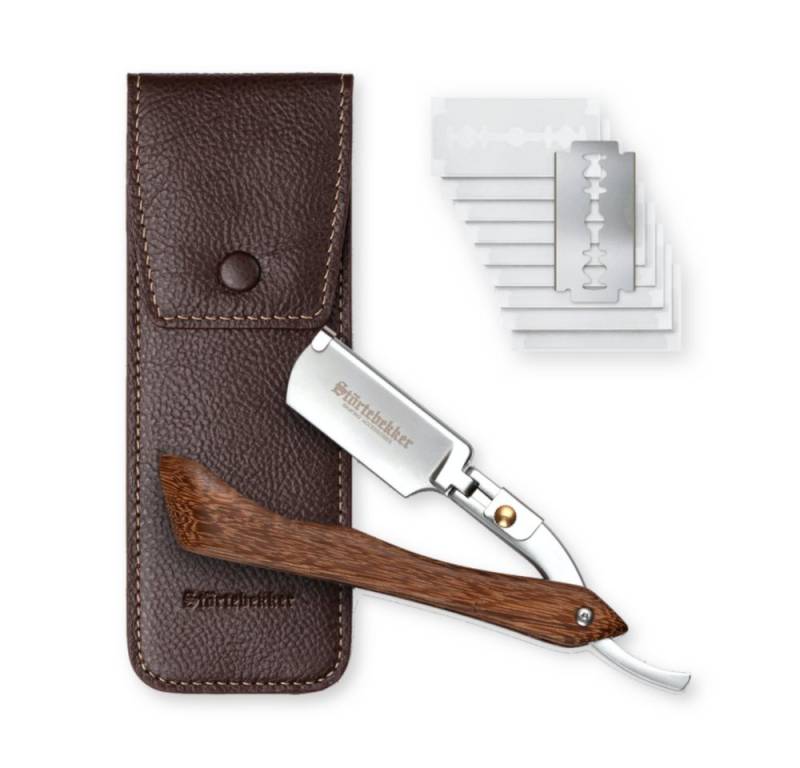Störtebekker Rasiermesser mit Holzgriff im handgefertigten Lederetui - inkl. Alaunstift von Störtebekker
