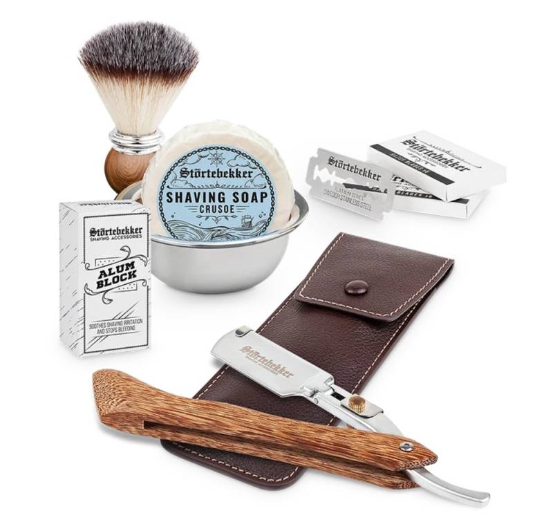 Störtebekker Rasierset - Rasiermesser 'Heartwood' - Rasierset Herren, mit Rasierpinsel, Rasierschale, Rasierseife, Alaunstein und 10 Klingen von Störtebekker