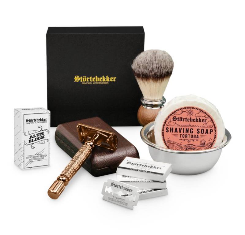 Störtebekker Rasierset - Rasierhobel 'Hamburg' (Rosé-Gold) - Rasierset Herren, mit Rasierpinsel, Rasierschale, Rasierseife, Alaunstein und 10 Klingen von Störtebekker