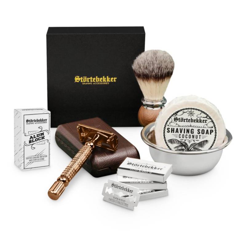 Störtebekker Rasierset - Rasierhobel 'Hamburg' (Rosé-Gold) - Rasierset Herren, mit Rasierpinsel, Rasierschale, Rasierseife, Alaunstein und 10 Klingen von Störtebekker