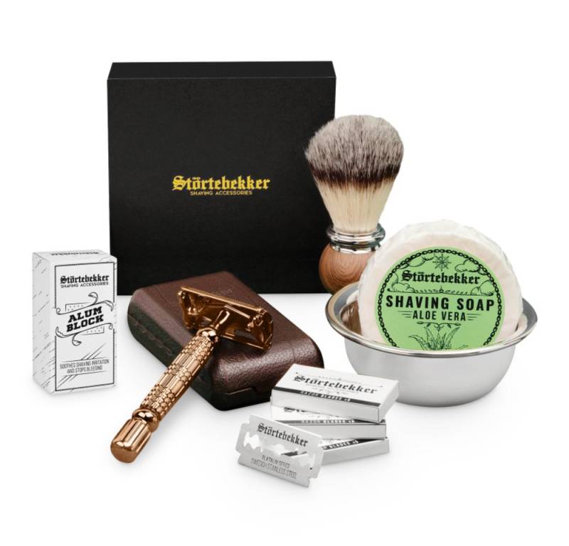 Störtebekker Rasierset - Rasierhobel 'Hamburg' (Rosé-Gold) - Rasierset Herren, mit Rasierpinsel, Rasierschale, Rasierseife, Alaunstein und 10 Klingen von Störtebekker