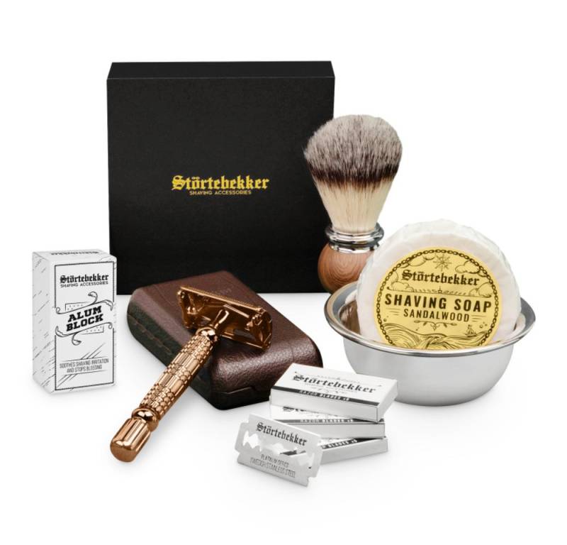 Störtebekker Rasierset - Rasierhobel 'Hamburg' (Rosé-Gold) - Rasierset Herren, mit Rasierpinsel, Rasierschale, Rasierseife, Alaunstein und 10 Klingen von Störtebekker