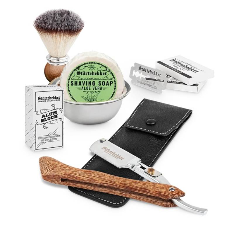 Störtebekker Rasierset - Rasiermesser 'Heartwood' - Rasierset Herren, mit Rasierpinsel, Rasierschale, Rasierseife, Alaunstein und 10 Klingen von Störtebekker