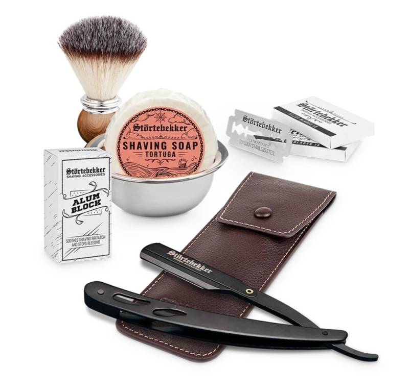 Störtebekker Rasierset - Rasiermesser 'Blackbeard' (Schwarz) - Rasierset Herren, mit Rasierpinsel, Rasierschale, Rasierseife, Alaunstein und 10 Klingen von Störtebekker