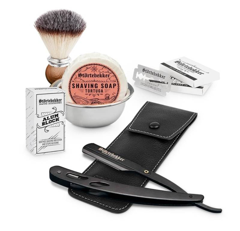 Störtebekker Rasierset - Rasiermesser 'Blackbeard' (Schwarz) - Rasierset Herren, mit Rasierpinsel, Rasierschale, Rasierseife, Alaunstein und 10 Klingen von Störtebekker