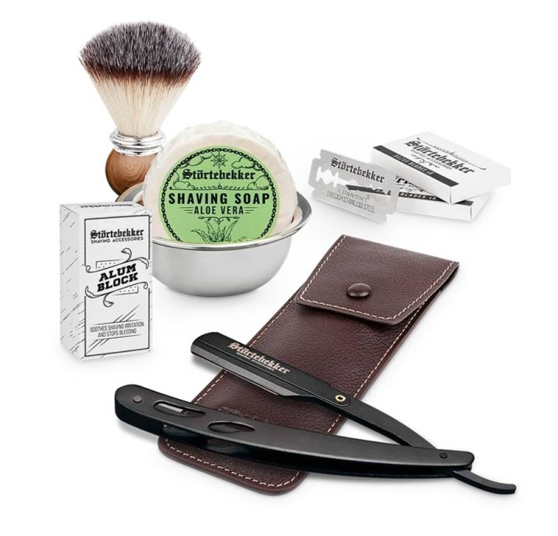 Störtebekker Rasierset - Rasiermesser 'Blackbeard' (Schwarz) - Rasierset Herren, mit Rasierpinsel, Rasierschale, Rasierseife, Alaunstein und 10 Klingen von Störtebekker