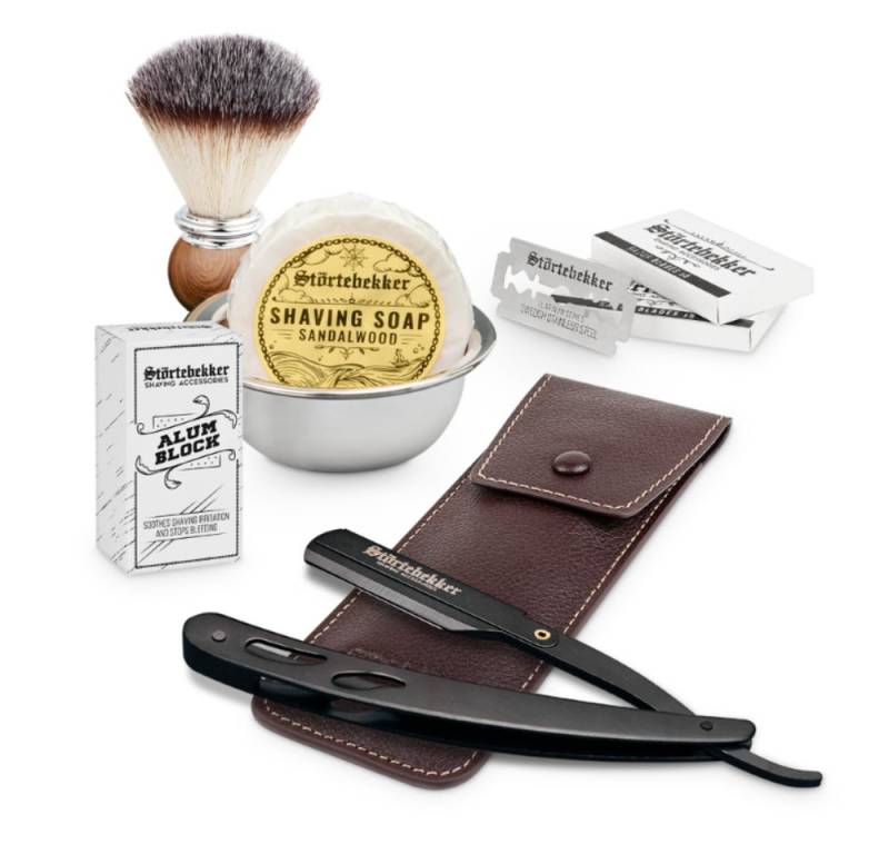 Störtebekker Rasierset - Rasiermesser 'Blackbeard' (Schwarz) - Rasierset Herren, mit Rasierpinsel, Rasierschale, Rasierseife, Alaunstein und 10 Klingen von Störtebekker
