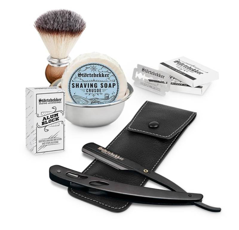 Störtebekker Rasierset - Rasiermesser 'Blackbeard' (Schwarz) - Rasierset Herren, mit Rasierpinsel, Rasierschale, Rasierseife, Alaunstein und 10 Klingen von Störtebekker