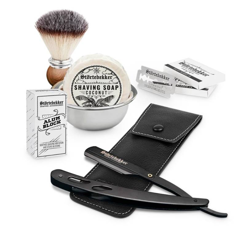 Störtebekker Rasierset - Rasiermesser 'Blackbeard' (Schwarz) - Rasierset Herren, mit Rasierpinsel, Rasierschale, Rasierseife, Alaunstein und 10 Klingen von Störtebekker