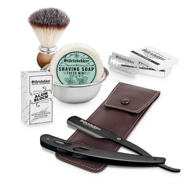 Störtebekker Rasierset - Rasiermesser 'Blackbeard' (Schwarz) - Rasierset Herren, mit Rasierpinsel, Rasierschale, Rasierseife, Alaunstein und 10 Klingen von Störtebekker