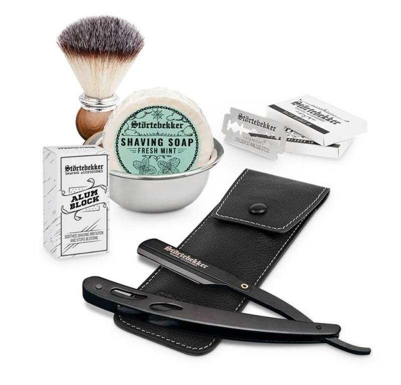 Störtebekker Rasierset - Rasiermesser 'Blackbeard' (Schwarz) - Rasierset Herren, mit Rasierpinsel, Rasierschale, Rasierseife, Alaunstein und 10 Klingen von Störtebekker