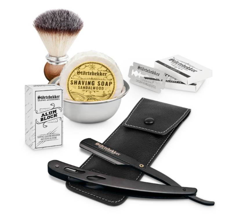 Störtebekker Rasierset - Rasiermesser 'Blackbeard' (Schwarz) - Rasierset Herren, mit Rasierpinsel, Rasierschale, Rasierseife, Alaunstein und 10 Klingen von Störtebekker