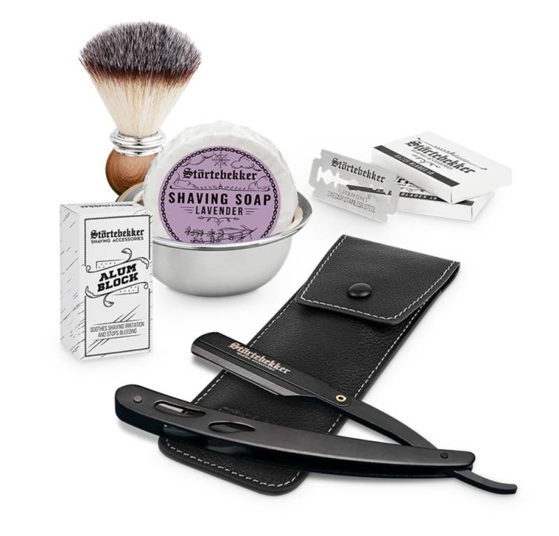 Störtebekker Rasierset - Rasiermesser 'Blackbeard' (Schwarz) - Rasierset Herren, mit Rasierpinsel, Rasierschale, Rasierseife, Alaunstein und 10 Klingen von Störtebekker