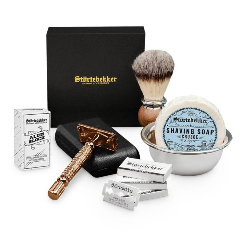 Störtebekker Rasierset - Rasierhobel 'Hamburg' (Rosé-Gold) - Rasierset Herren, mit Rasierpinsel, Rasierschale, Rasierseife, Alaunstein und 10 Klingen von Störtebekker
