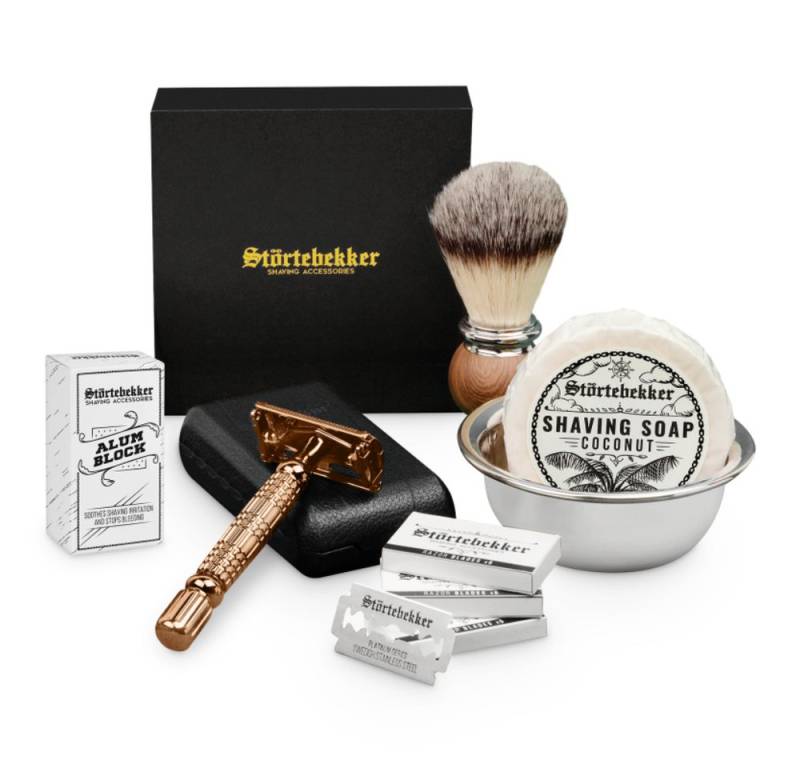 Störtebekker Rasierset - Rasierhobel 'Hamburg' (Rosé-Gold) - Rasierset Herren, mit Rasierpinsel, Rasierschale, Rasierseife, Alaunstein und 10 Klingen von Störtebekker