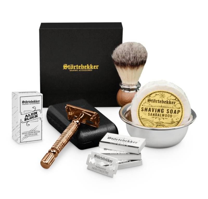 Störtebekker Rasierset - Rasierhobel 'Hamburg' (Rosé-Gold) - Rasierset Herren, mit Rasierpinsel, Rasierschale, Rasierseife, Alaunstein und 10 Klingen von Störtebekker