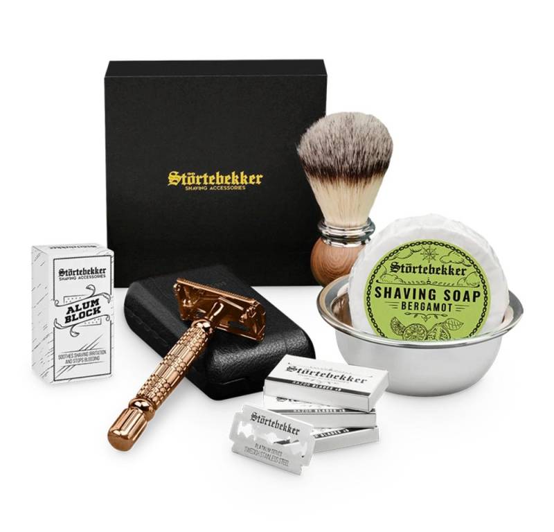 Störtebekker Rasierset - Rasierhobel 'Hamburg' (Rosé-Gold) - Rasierset Herren, mit Rasierpinsel, Rasierschale, Rasierseife, Alaunstein und 10 Klingen von Störtebekker