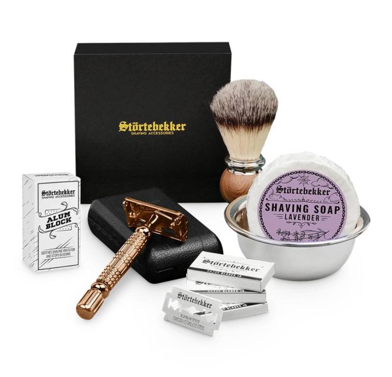 Störtebekker Rasierset - Rasierhobel 'Hamburg' (Rosé-Gold) - Rasierset Herren, mit Rasierpinsel, Rasierschale, Rasierseife, Alaunstein und 10 Klingen von Störtebekker