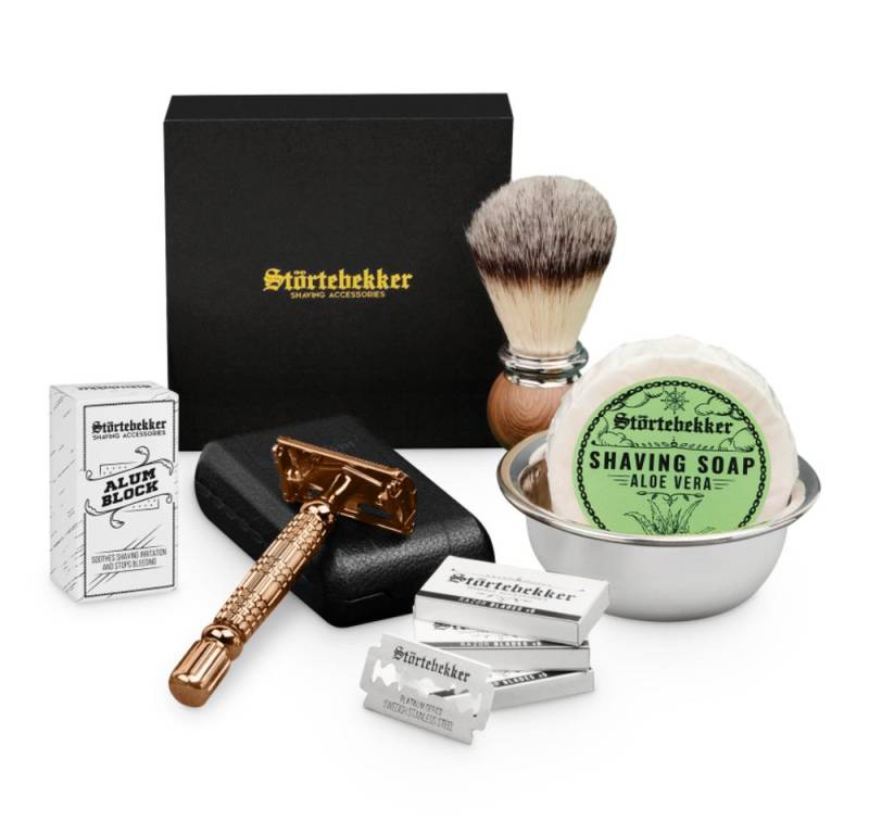 Störtebekker Rasierset - Rasierhobel 'Hamburg' (Rosé-Gold) - Rasierset Herren, mit Rasierpinsel, Rasierschale, Rasierseife, Alaunstein und 10 Klingen von Störtebekker