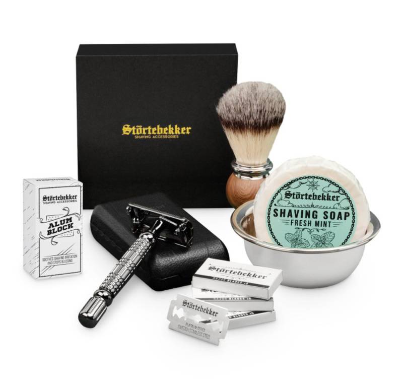 Störtebekker Rasierset - Rasierhobel 'Hamburg' (Schwarz) - Rasierset Herren, mit Rasierpinsel, Rasierschale, Rasierseife, Alaunstein und 10 Klingen von Störtebekker