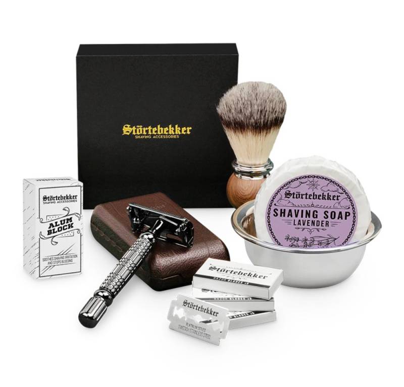 Störtebekker Rasierset - Rasierhobel 'Hamburg' (Schwarz) - Rasierset Herren, mit Rasierpinsel, Rasierschale, Rasierseife, Alaunstein und 10 Klingen von Störtebekker