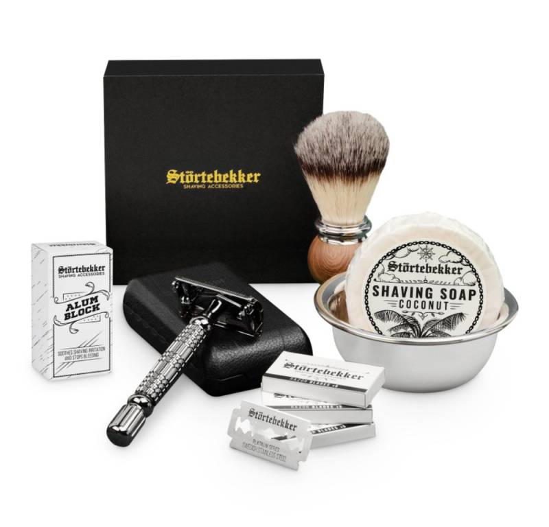 Störtebekker Rasierset - Rasierhobel 'Hamburg' (Schwarz) - Rasierset Herren, mit Rasierpinsel, Rasierschale, Rasierseife, Alaunstein und 10 Klingen von Störtebekker