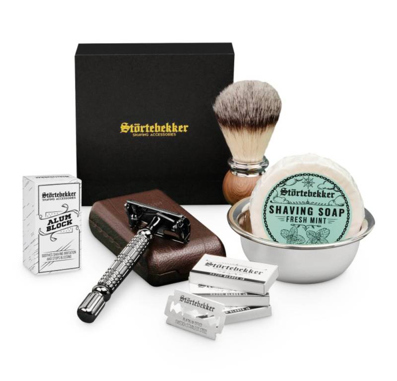 Störtebekker Rasierset - Rasierhobel 'Hamburg' (Schwarz) - Rasierset Herren, mit Rasierpinsel, Rasierschale, Rasierseife, Alaunstein und 10 Klingen von Störtebekker