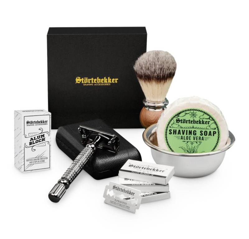 Störtebekker Rasierset - Rasierhobel 'Hamburg' (Schwarz) - Rasierset Herren, mit Rasierpinsel, Rasierschale, Rasierseife, Alaunstein und 10 Klingen von Störtebekker