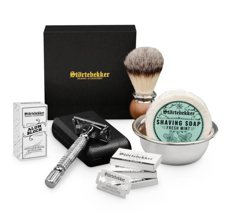Störtebekker Rasierset - Rasierhobel 'Hamburg' (Silber) - Rasierset Herren, mit Rasierpinsel, Rasierschale, Rasierseife, Alaunstein und 10 Klingen von Störtebekker