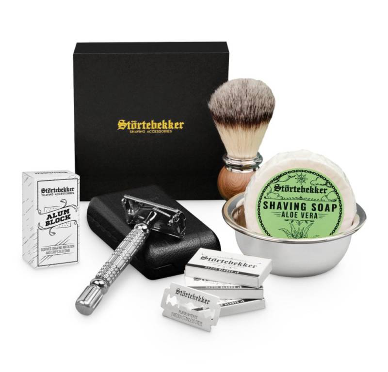 Störtebekker Rasierset - Rasierhobel 'Hamburg' (Silber) - Rasierset Herren, mit Rasierpinsel, Rasierschale, Rasierseife, Alaunstein und 10 Klingen von Störtebekker