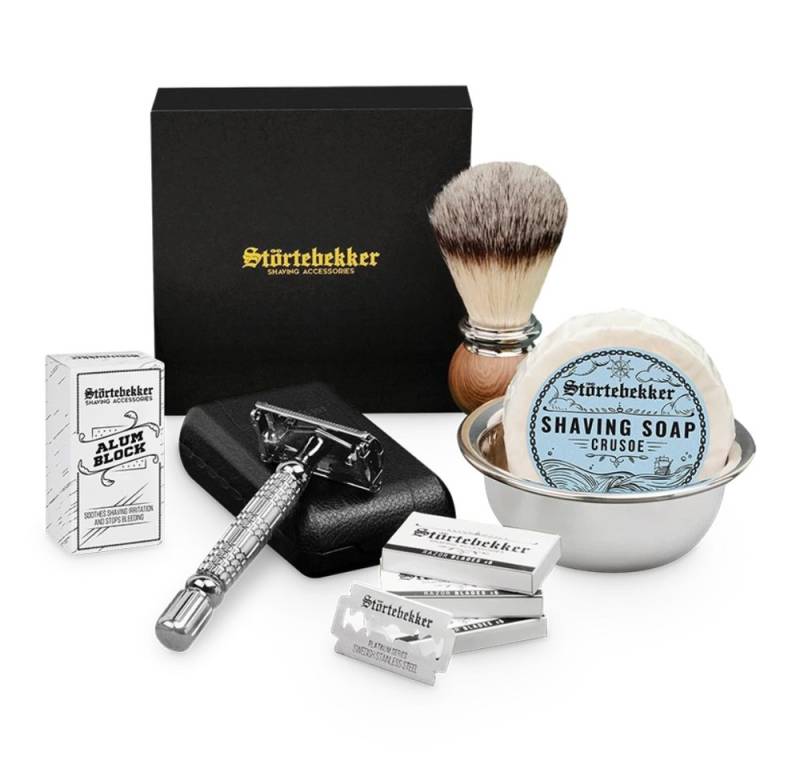 Störtebekker Rasierset - Rasierhobel 'Hamburg' (Silber) - Rasierset Herren, mit Rasierpinsel, Rasierschale, Rasierseife, Alaunstein und 10 Klingen von Störtebekker