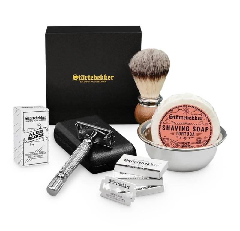 Störtebekker Rasierset - Rasierhobel 'Hamburg' (Silber) - Rasierset Herren, mit Rasierpinsel, Rasierschale, Rasierseife, Alaunstein und 10 Klingen von Störtebekker