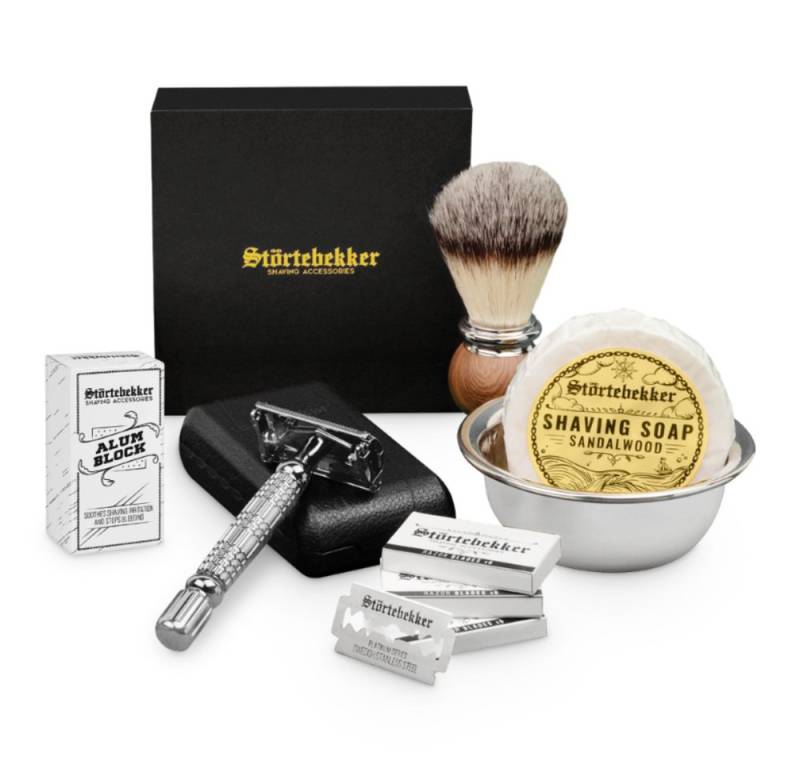 Störtebekker Rasierset - Rasierhobel 'Hamburg' (Silber) - Rasierset Herren, mit Rasierpinsel, Rasierschale, Rasierseife, Alaunstein und 10 Klingen von Störtebekker
