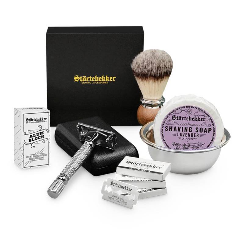 Störtebekker Rasierset - Rasierhobel 'Hamburg' (Silber) - Rasierset Herren, mit Rasierpinsel, Rasierschale, Rasierseife, Alaunstein und 10 Klingen von Störtebekker