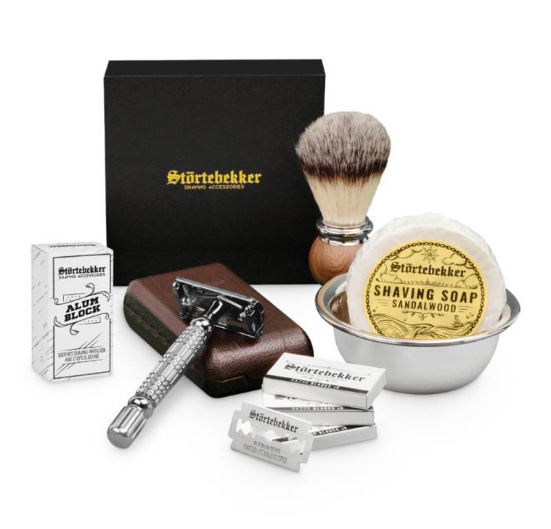 Störtebekker Rasierset - Rasierhobel 'Hamburg' (Silber) - Rasierset Herren, mit Rasierpinsel, Rasierschale, Rasierseife, Alaunstein und 10 Klingen von Störtebekker