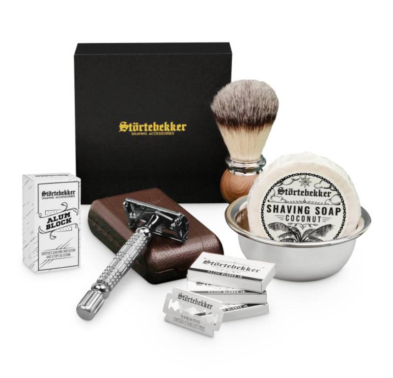 Störtebekker Rasierset - Rasierhobel 'Hamburg' (Silber) - Rasierset Herren, mit Rasierpinsel, Rasierschale, Rasierseife, Alaunstein und 10 Klingen von Störtebekker