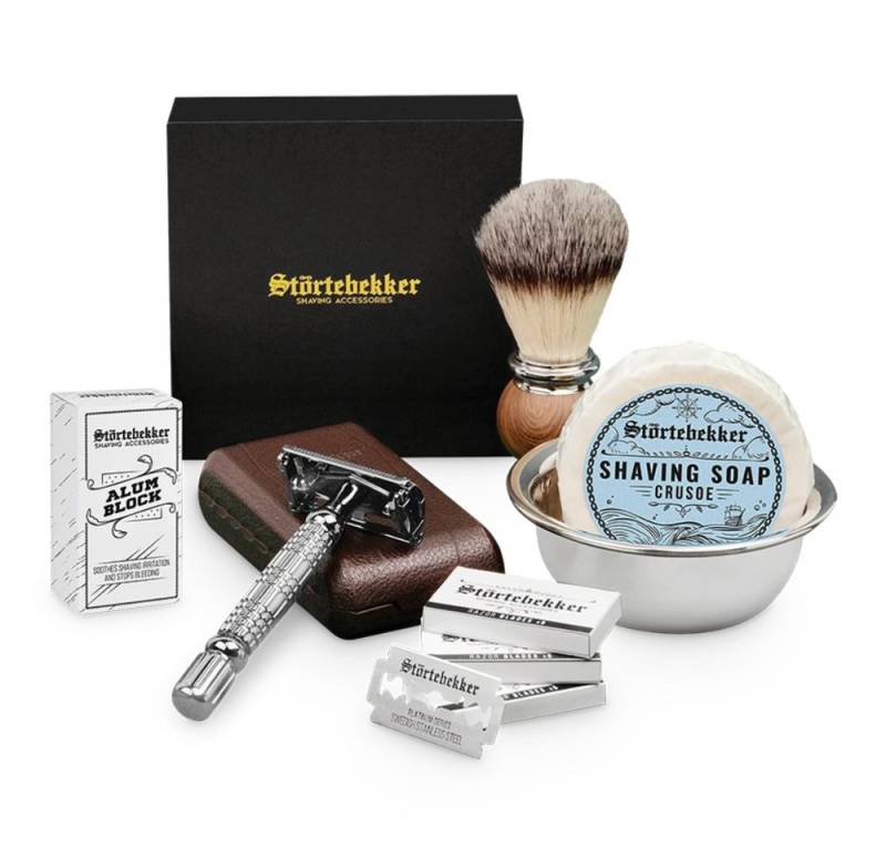 Störtebekker Rasierset - Rasierhobel 'Hamburg' (Silber) - Rasierset Herren, mit Rasierpinsel, Rasierschale, Rasierseife, Alaunstein und 10 Klingen von Störtebekker