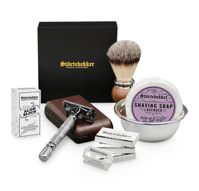 Störtebekker Rasierset - Rasierhobel 'Hamburg' (Silber) - Rasierset Herren, mit Rasierpinsel, Rasierschale, Rasierseife, Alaunstein und 10 Klingen von Störtebekker
