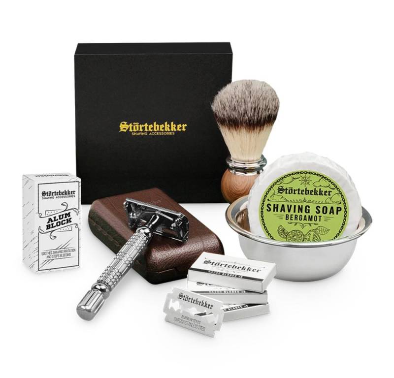 Störtebekker Rasierset - Rasierhobel 'Hamburg' (Silber) - Rasierset Herren, mit Rasierpinsel, Rasierschale, Rasierseife, Alaunstein und 10 Klingen von Störtebekker
