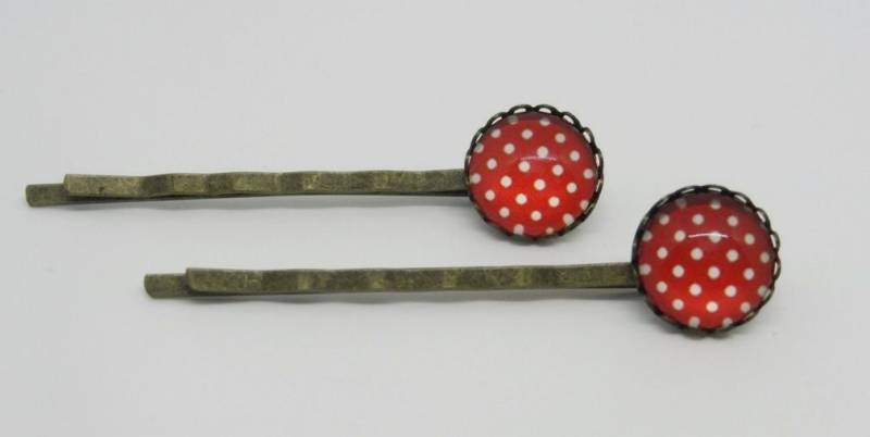 2 Haarnadeln Glascabonchons Rot Weiß Gepunktet von StoffAtelierDesign