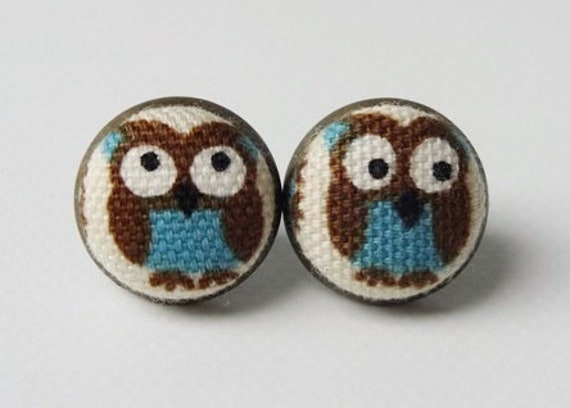 Bronze Ohrstecker Mit Stoffknopf Mini Eulen von StoffAtelierDesign
