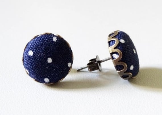 Bronze Ohrstecker Mit Stoffknopf Punkte Dblau von StoffAtelierDesign