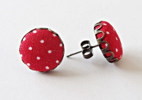 Bronze Ohrstecker Mit Stoffknopf Punkte Rot von StoffAtelierDesign