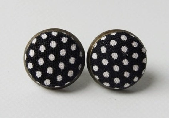Bronze Ohrstecker Mit Stoffknopf Punkte Schwarz von StoffAtelierDesign