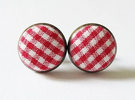 Ohrstecker Mit Bronzefassung Stoffknopf Karo Rot von StoffAtelierDesign