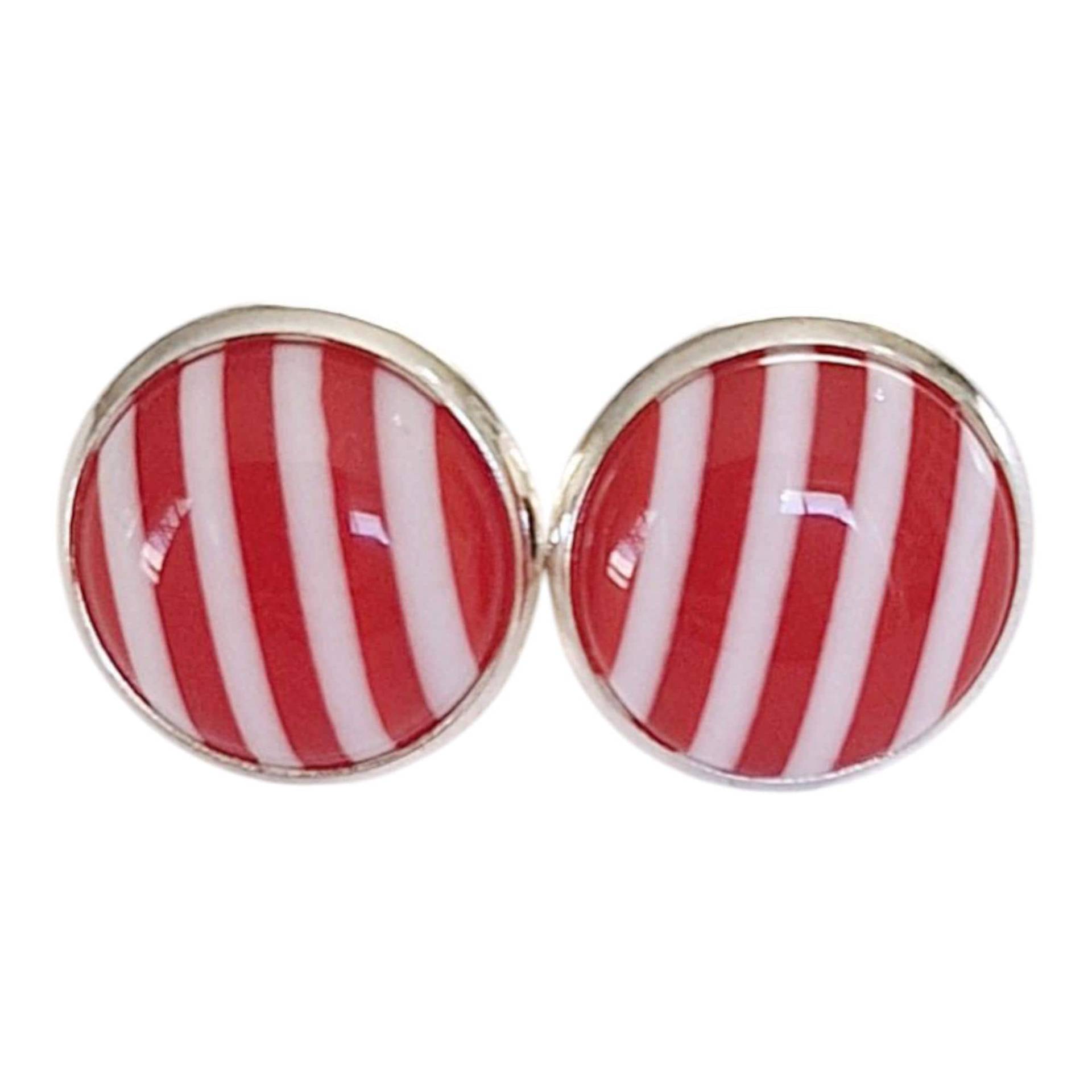 Ohrstecker Mit Silber-Fassung in "Rot Weiß Gestreift" Cabochons von StoffAtelierDesign