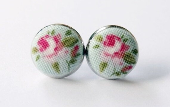 Ohrstecker Mit Stoffknopf "Rosen" Silber von StoffAtelierDesign