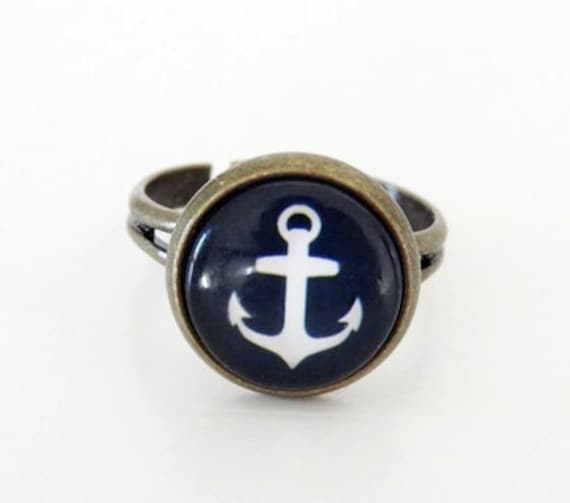 Ring "Anker_Dunkelblau" Glasring Cabochon Bronze von StoffAtelierDesign