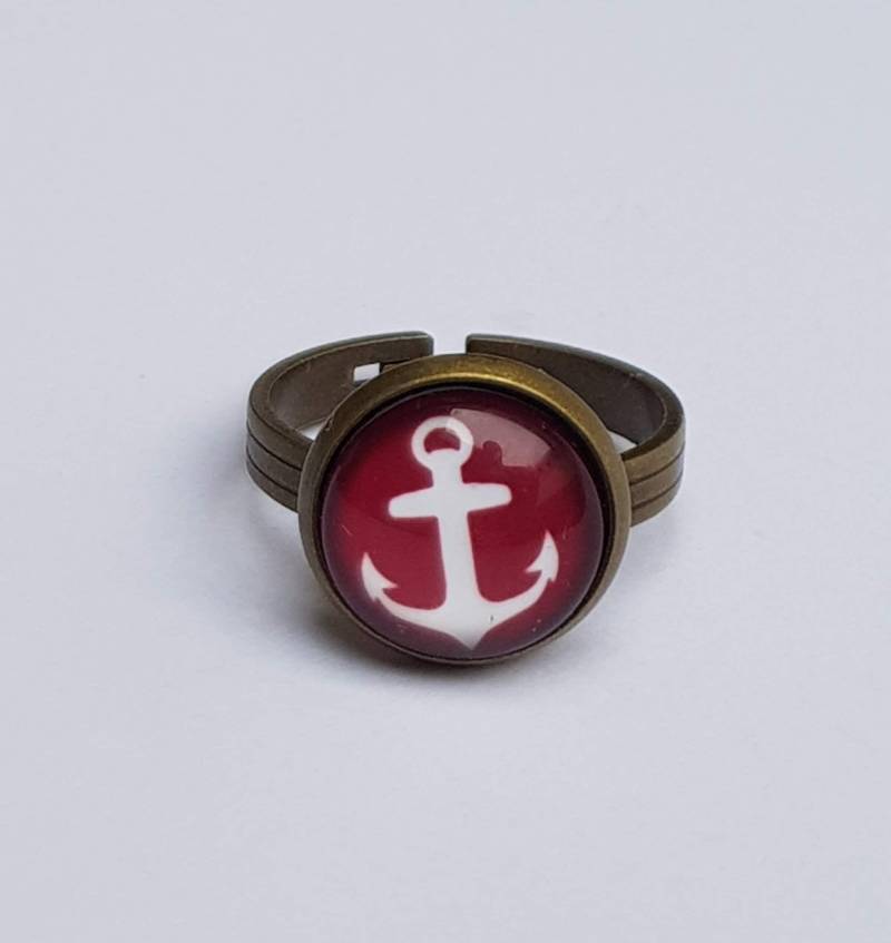 Ring "Anker_Dunkelrot" Glasring Cabochon Bronze von StoffAtelierDesign